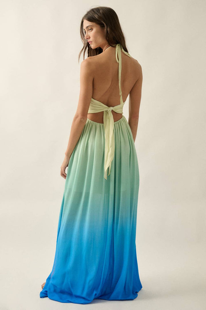 Fresh Ombre Crepe Tie-Back Halter Pocket Maxi Dress