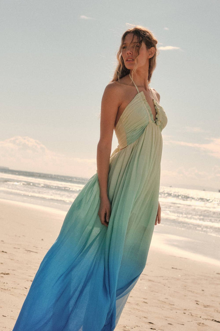 Fresh Ombre Crepe Tie-Back Halter Pocket Maxi Dress
