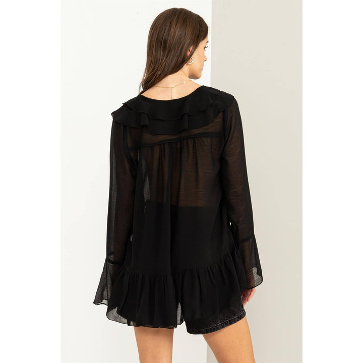 LUISA  BLACK  RUFFLED BUTTON-FRONT SHEER TUNIC TOP