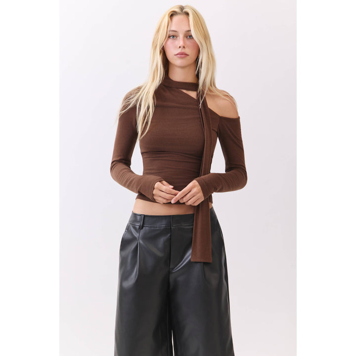 Chocolate Asymmetric Neckline Knit Top