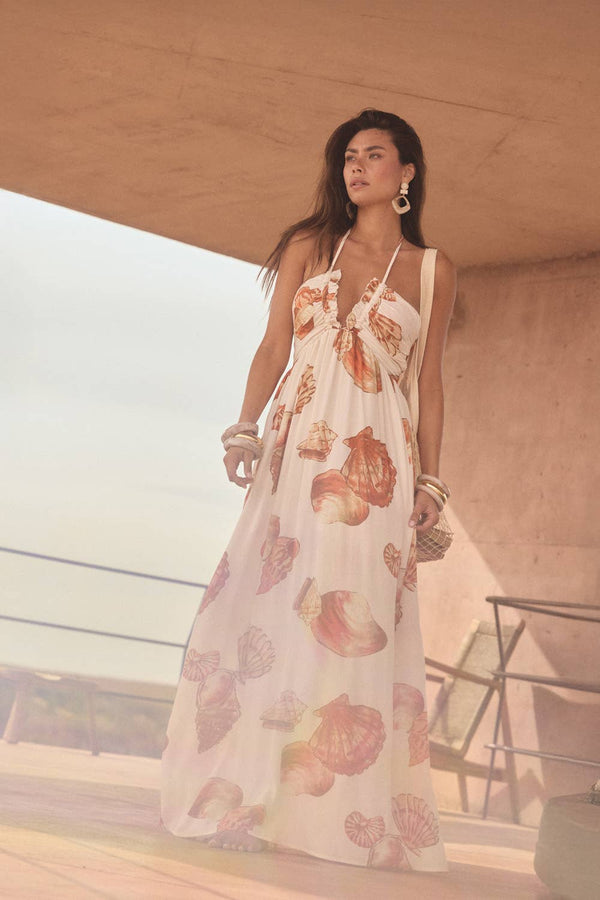 Beach Seashell-Print Crepe Tie-Back Halter Pocket Maxi Dress