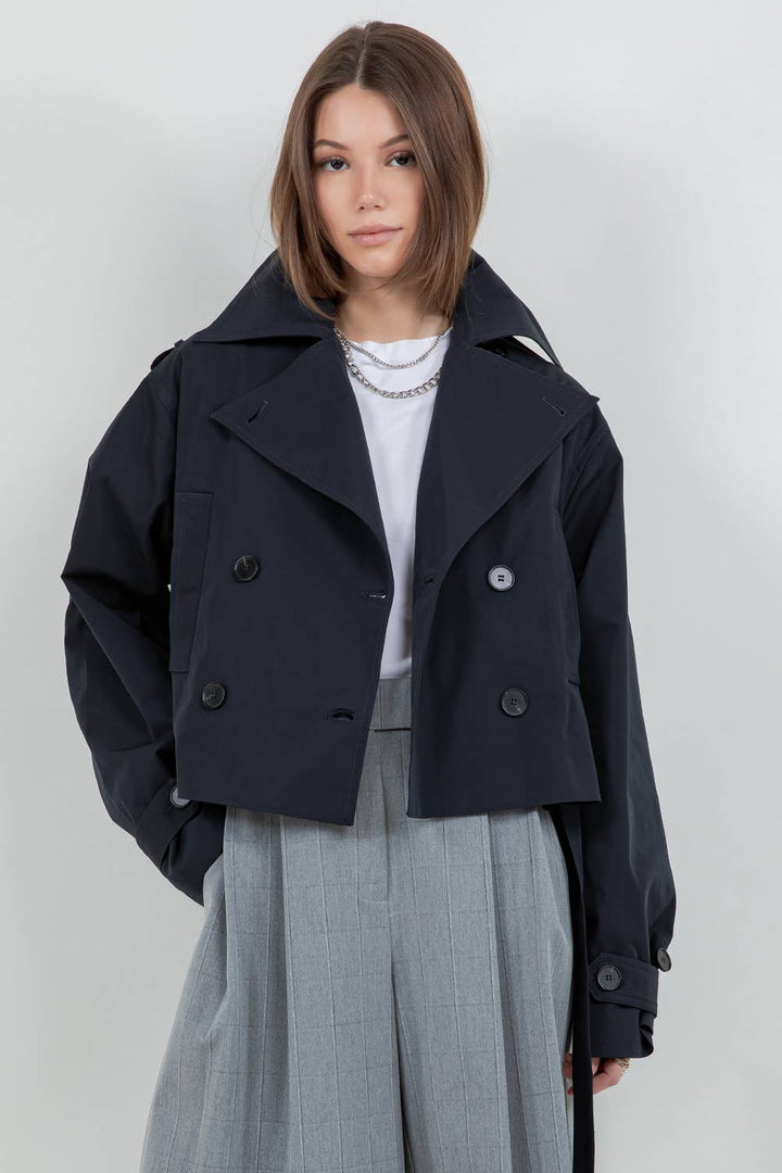 VALENTINA STRUCTURED WOVEN CROPPED TRENCH JACKET - DARK NAVY