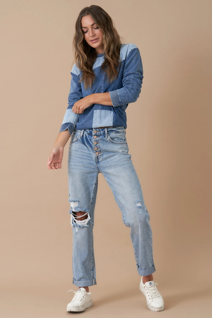 HARLIN Rolled Up Boyfriend Distressed Vintage Wash Jeans