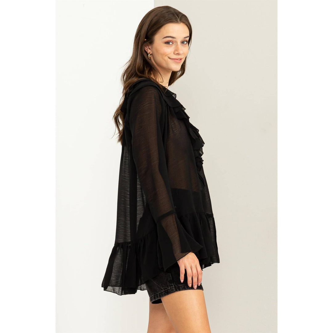 LUISA  BLACK  RUFFLED BUTTON-FRONT SHEER TUNIC TOP