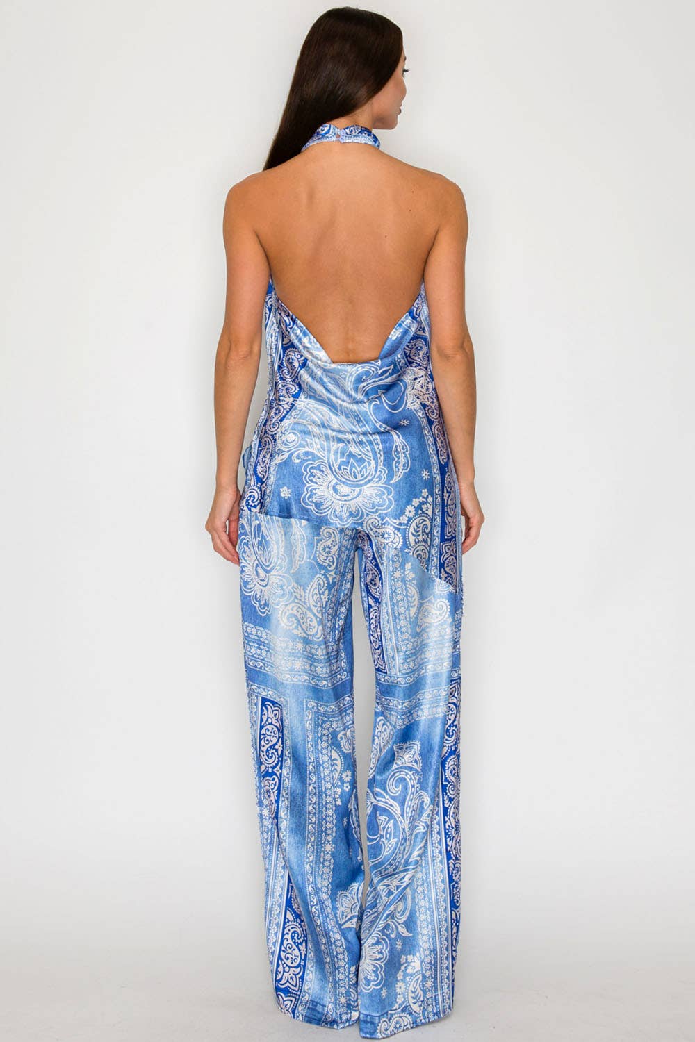 Blue Paisley Halter Top & Wide-Leg Pants Set