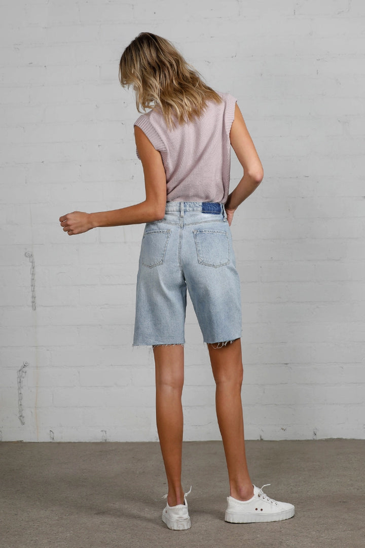 Phoenix High Rise Distressed Bermuda Denim Shorts