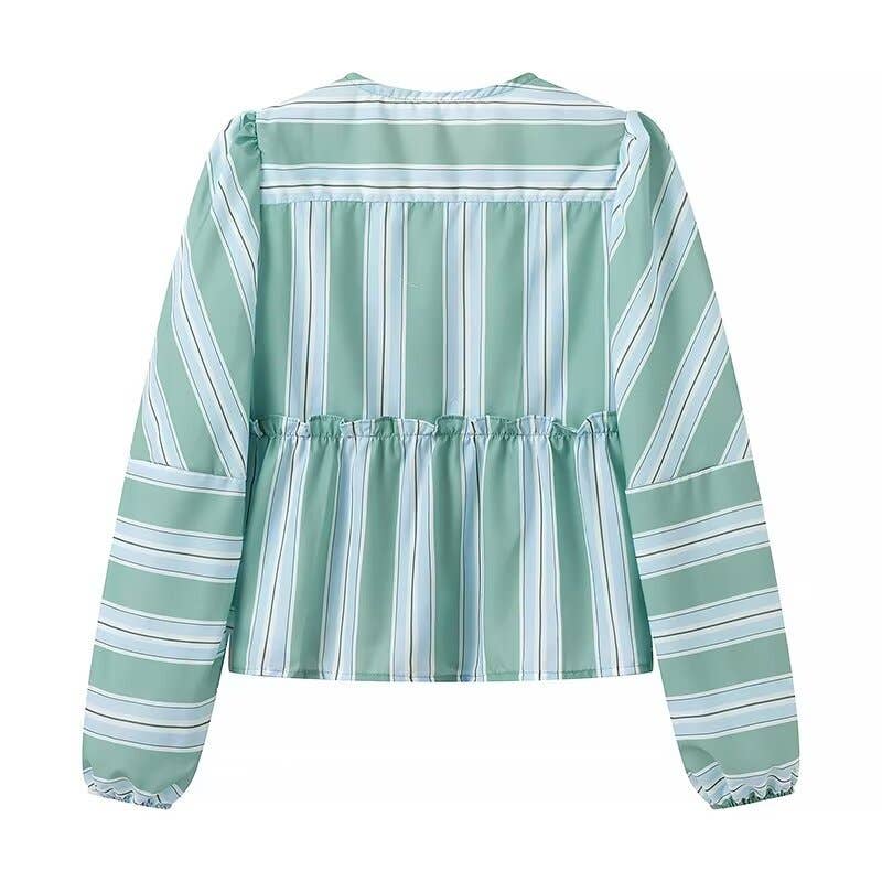 CINDY Long sleeve Tie front blouse in Mint Striped