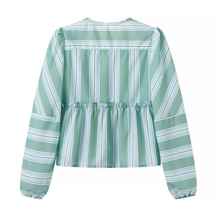 CINDY Long sleeve Tie front blouse in Mint Striped