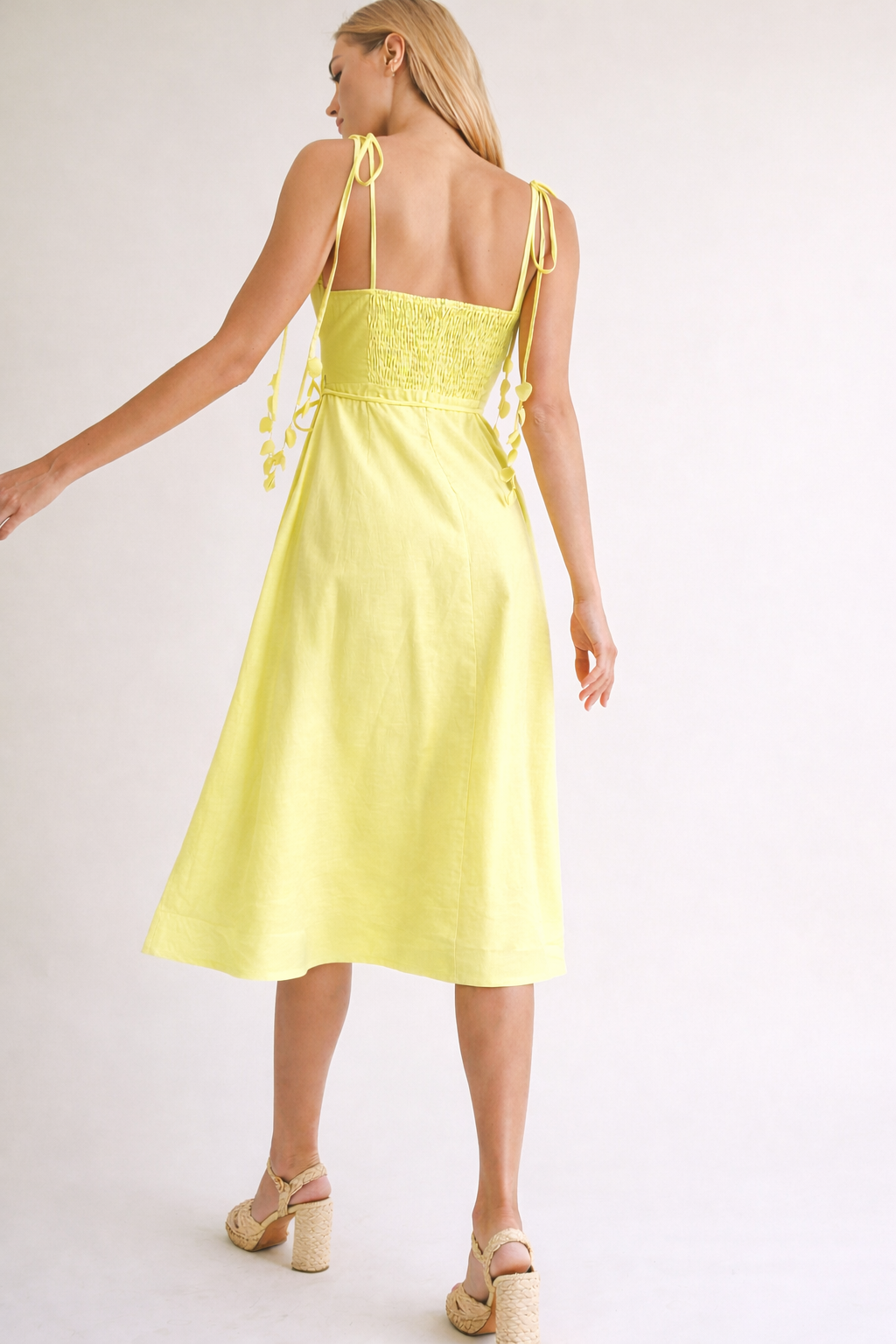 Yellow Linen Midi Dress with Corset Bodice