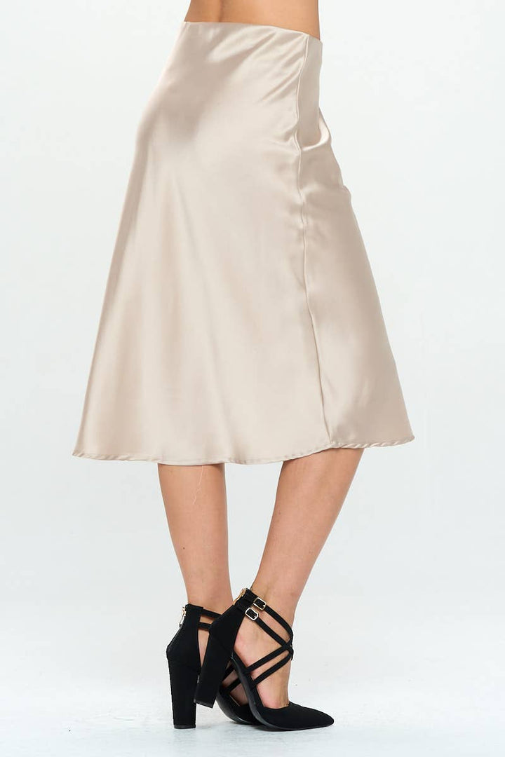 Mirna BeigeSolid Satin Midi Skirt