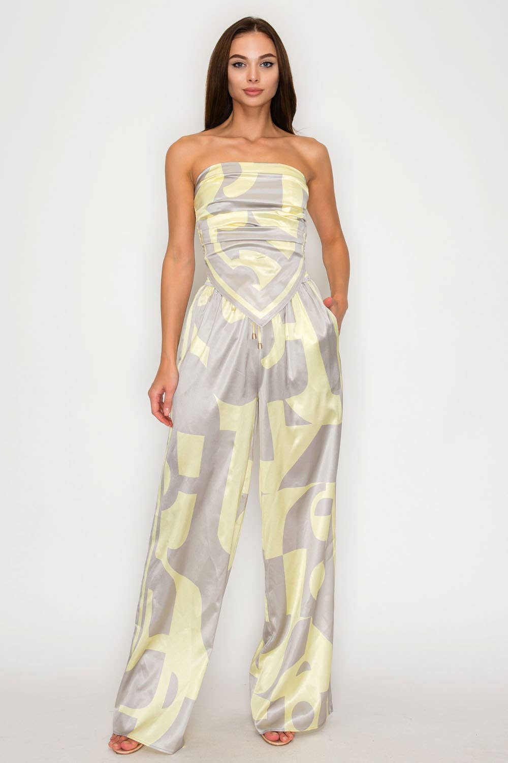CARMINA SET_STRAPLESS SATIN EFFECT SCARF TOP & PANTS SET