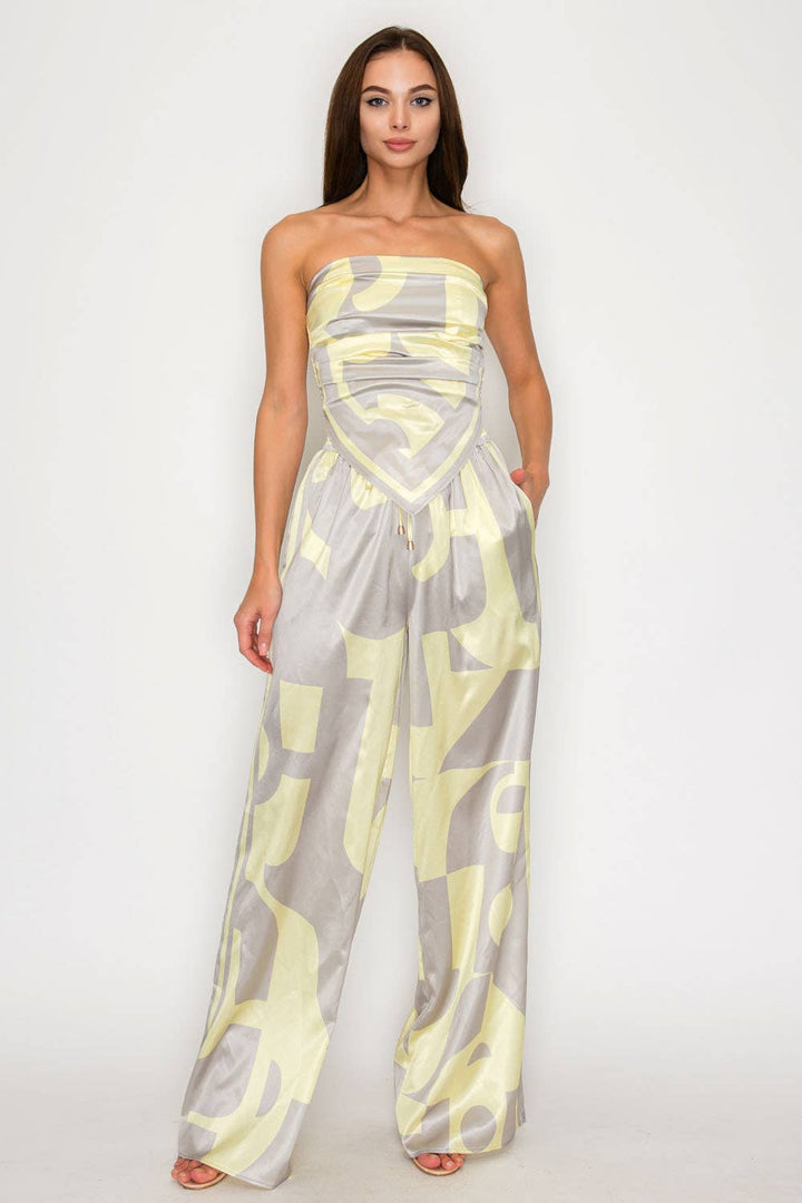 CARMINA SET_STRAPLESS SATIN EFFECT SCARF TOP & PANTS SET