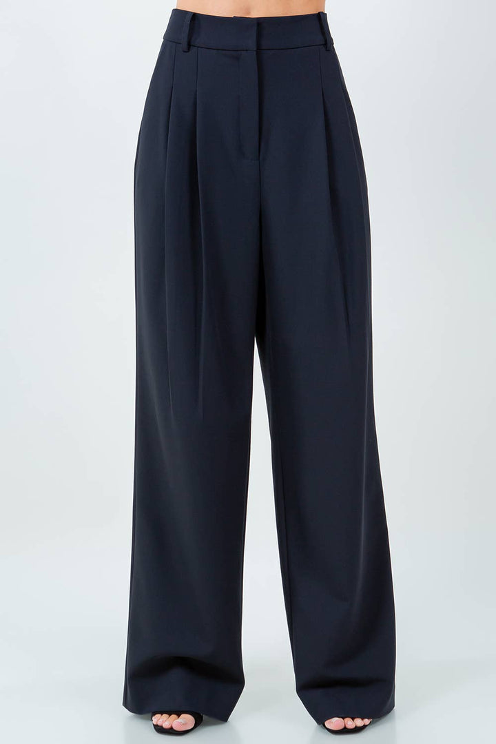 VALENTINA PANTS PLEAT DETAILED WOVEN STRAIGHT TROUSERS - NAVY