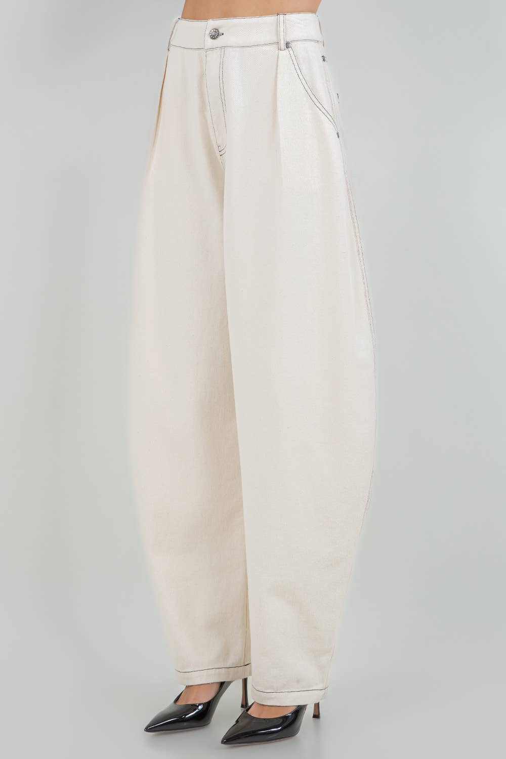 ANGIE SOFT COTTON WASHED BARREL LEG PANTS - OATMEAL