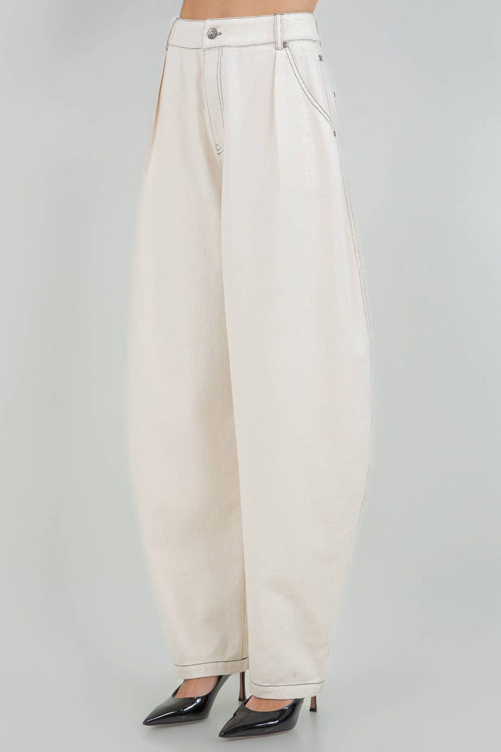 ANGIE SOFT COTTON WASHED BARREL LEG PANTS - OATMEAL