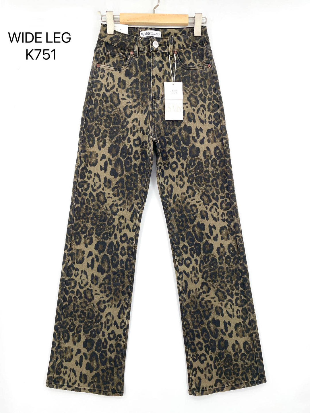 Delta High waist stretchy wide-leg jeans with beige leopard print