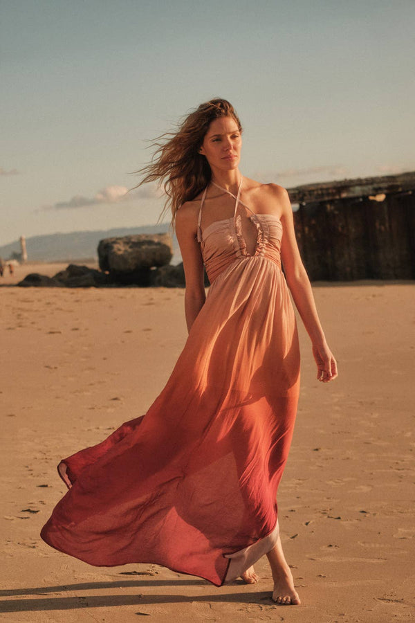 Fresh Ombre Crepe Tie-Back Halter Pocket Maxi Dress