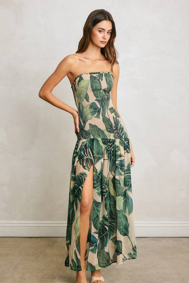 Tropical Palm Strapless Drop Waist Smocked Dress