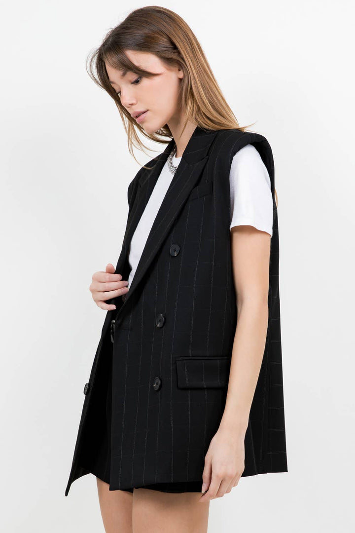 MINERVA  SHOULDER PADDED STRUCTURED WOVEN JACKET VEST - BLACK