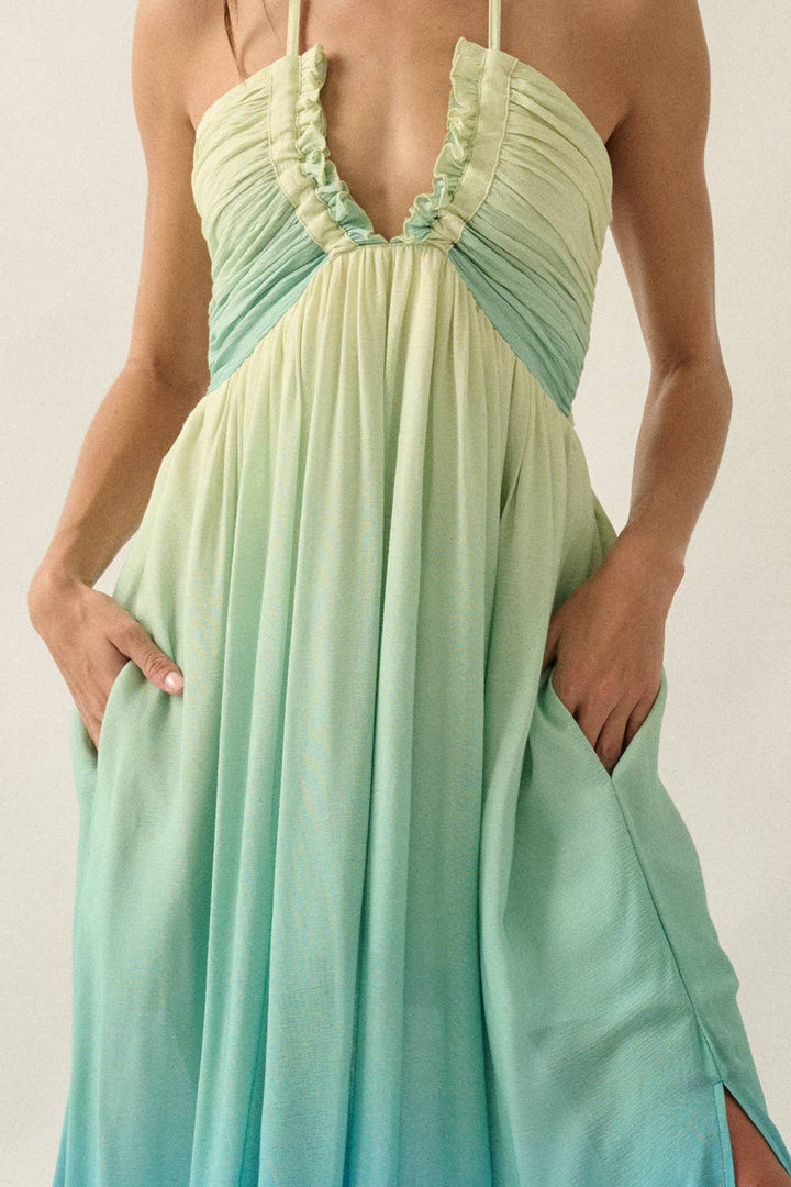 Fresh Ombre Crepe Tie-Back Halter Pocket Maxi Dress