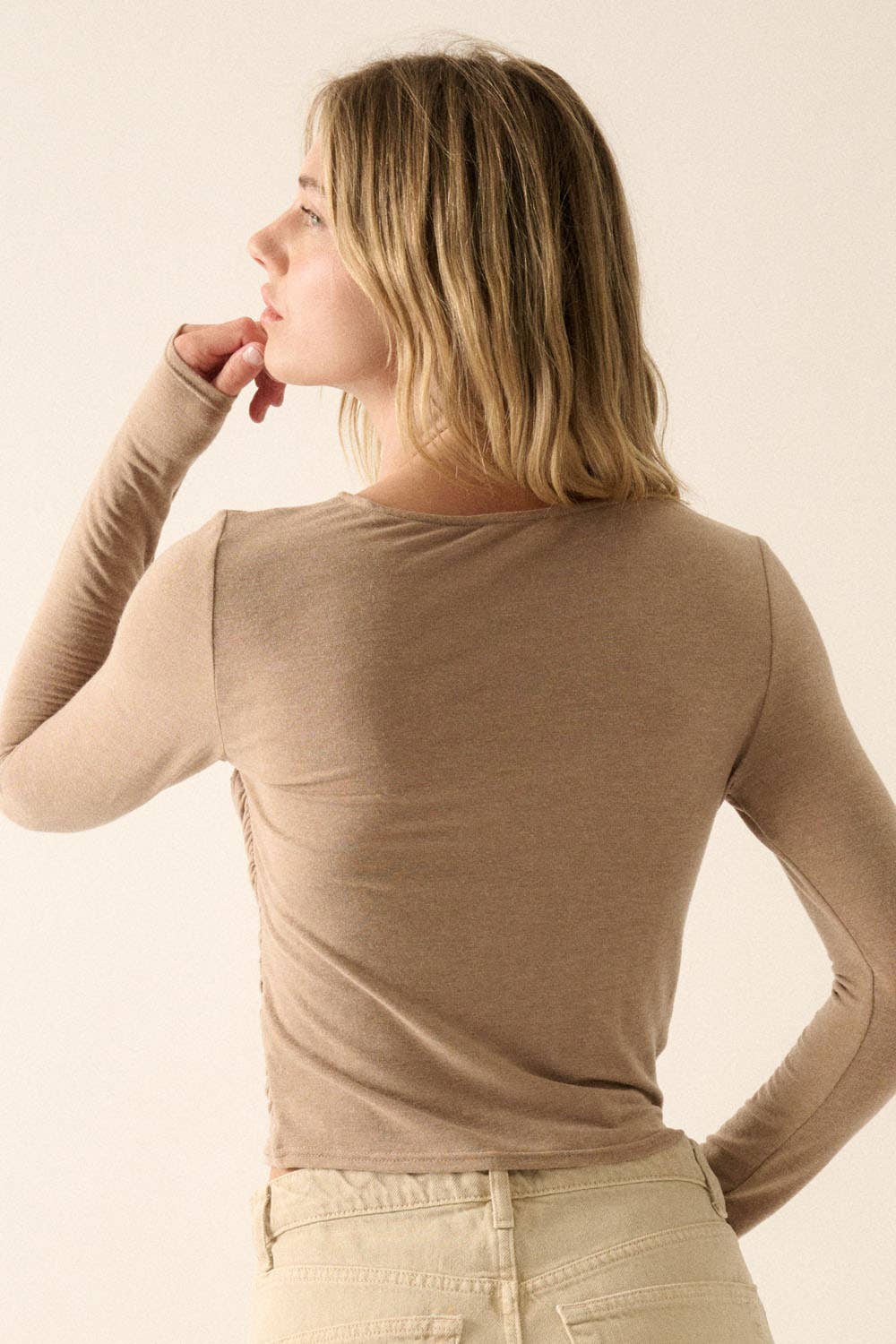 FIORA MOCHA Solid Ruched-Bodice Knit Top