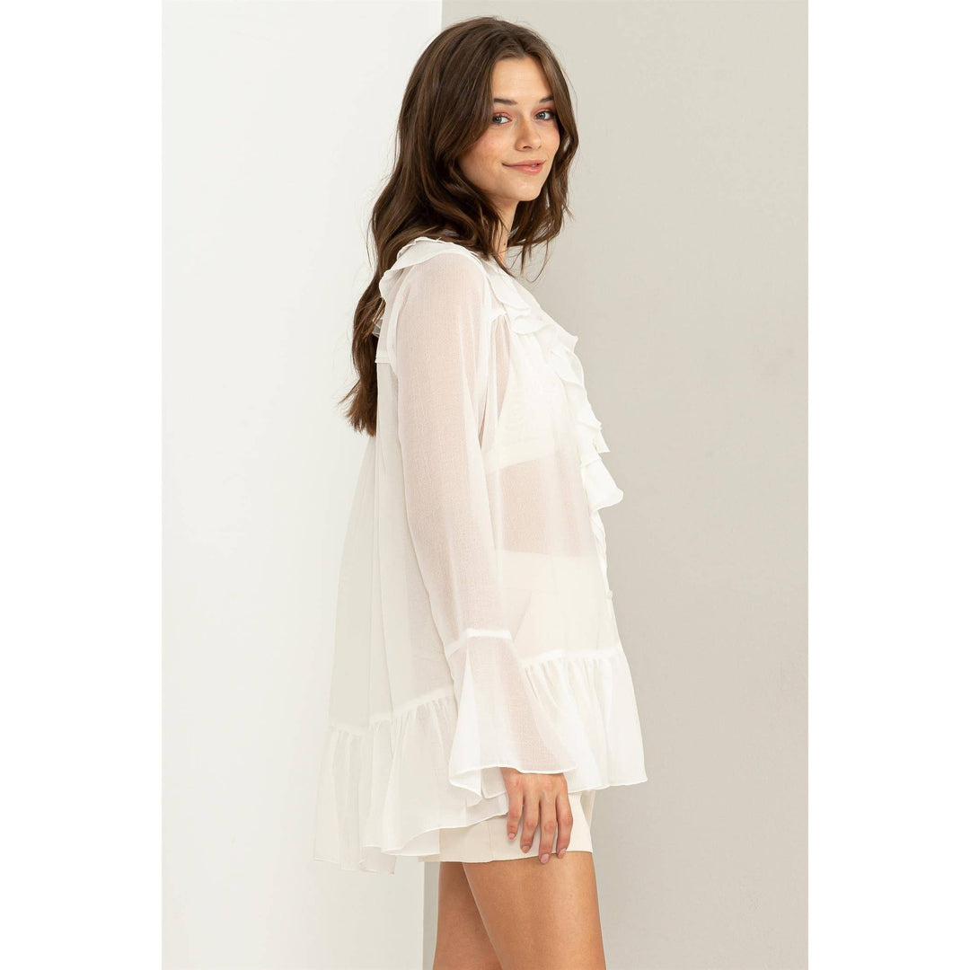 LUISA  WHITE RUFFLED BUTTON-FRONT SHEER TUNIC TOP