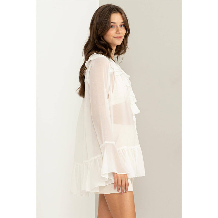 LUISA  WHITE RUFFLED BUTTON-FRONT SHEER TUNIC TOP