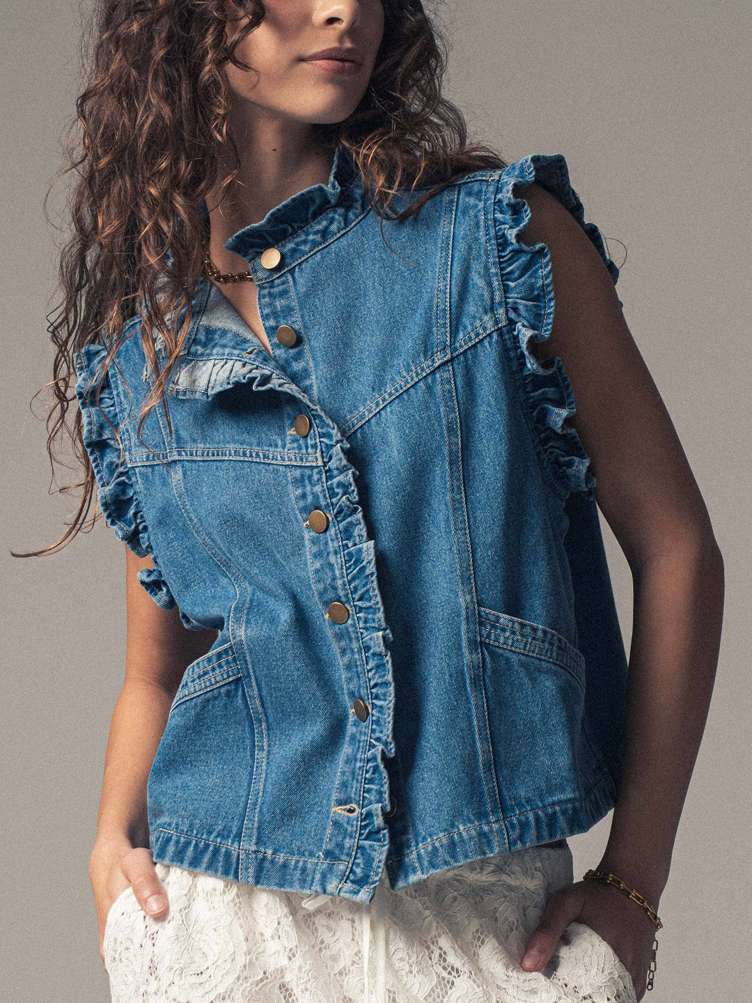 Victoria Ruffle Trim Denim Vest with High Collar