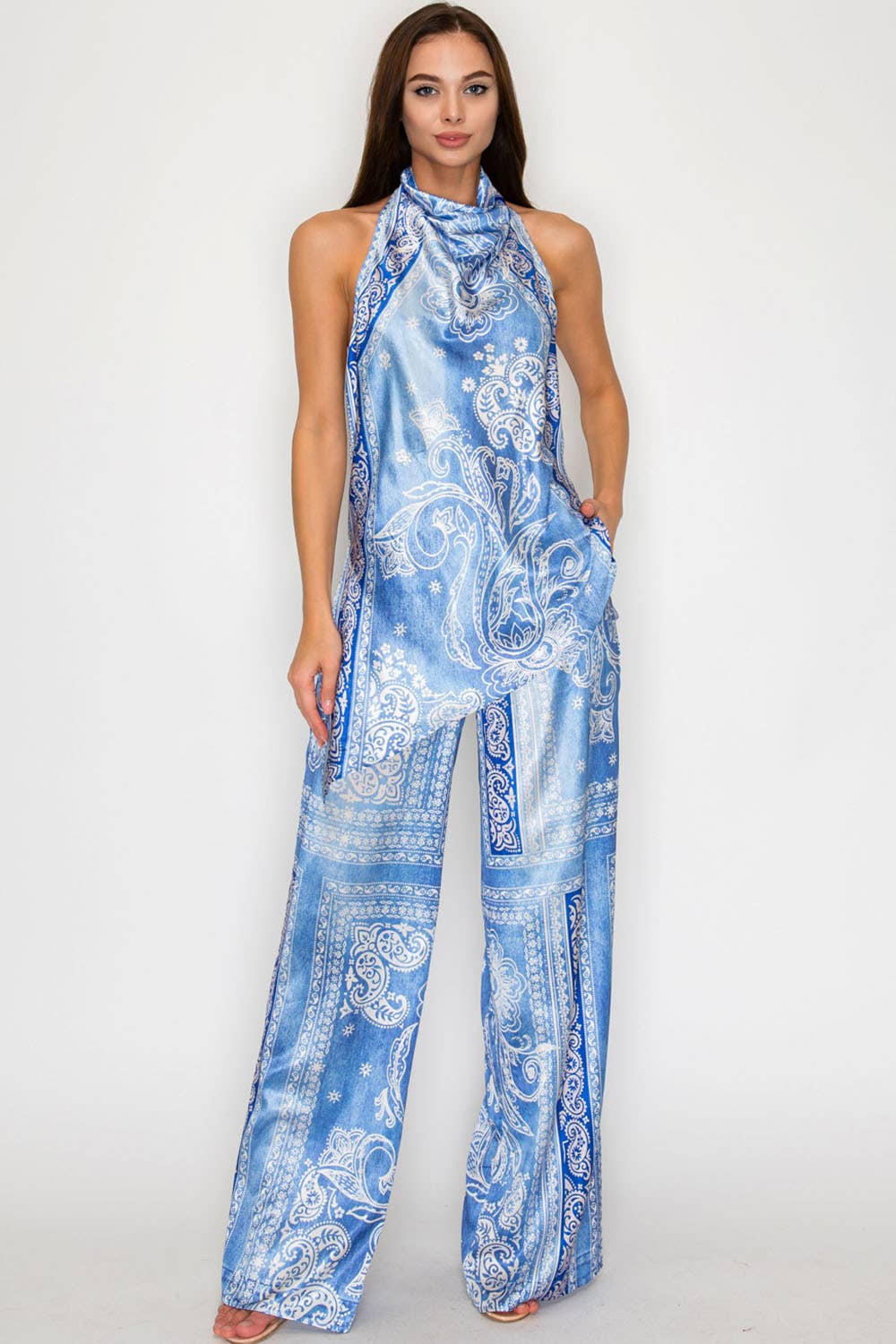 Blue Paisley Halter Top & Wide-Leg Pants Set