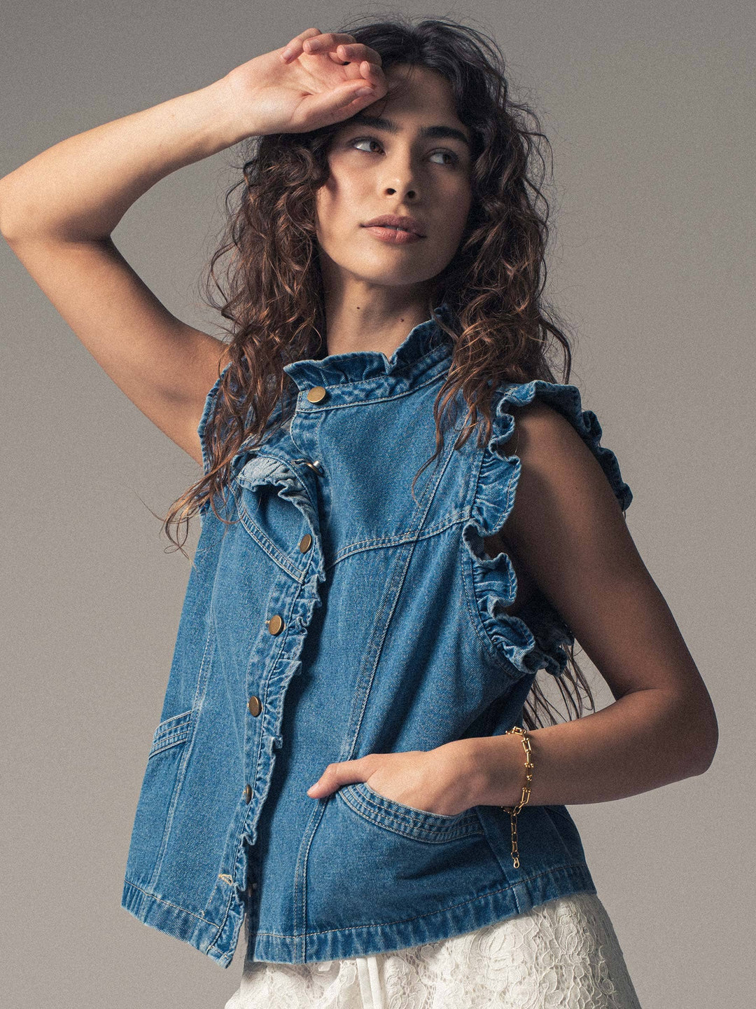Victoria Ruffle Trim Denim Vest with High Collar