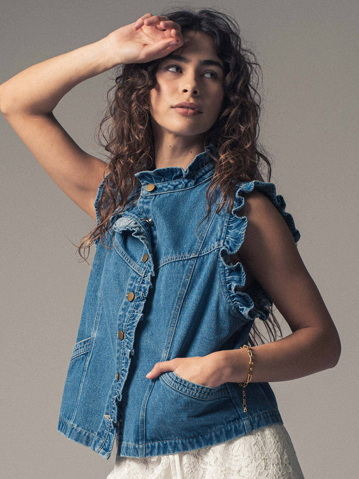 Victoria Ruffle Trim Denim Vest with High Collar