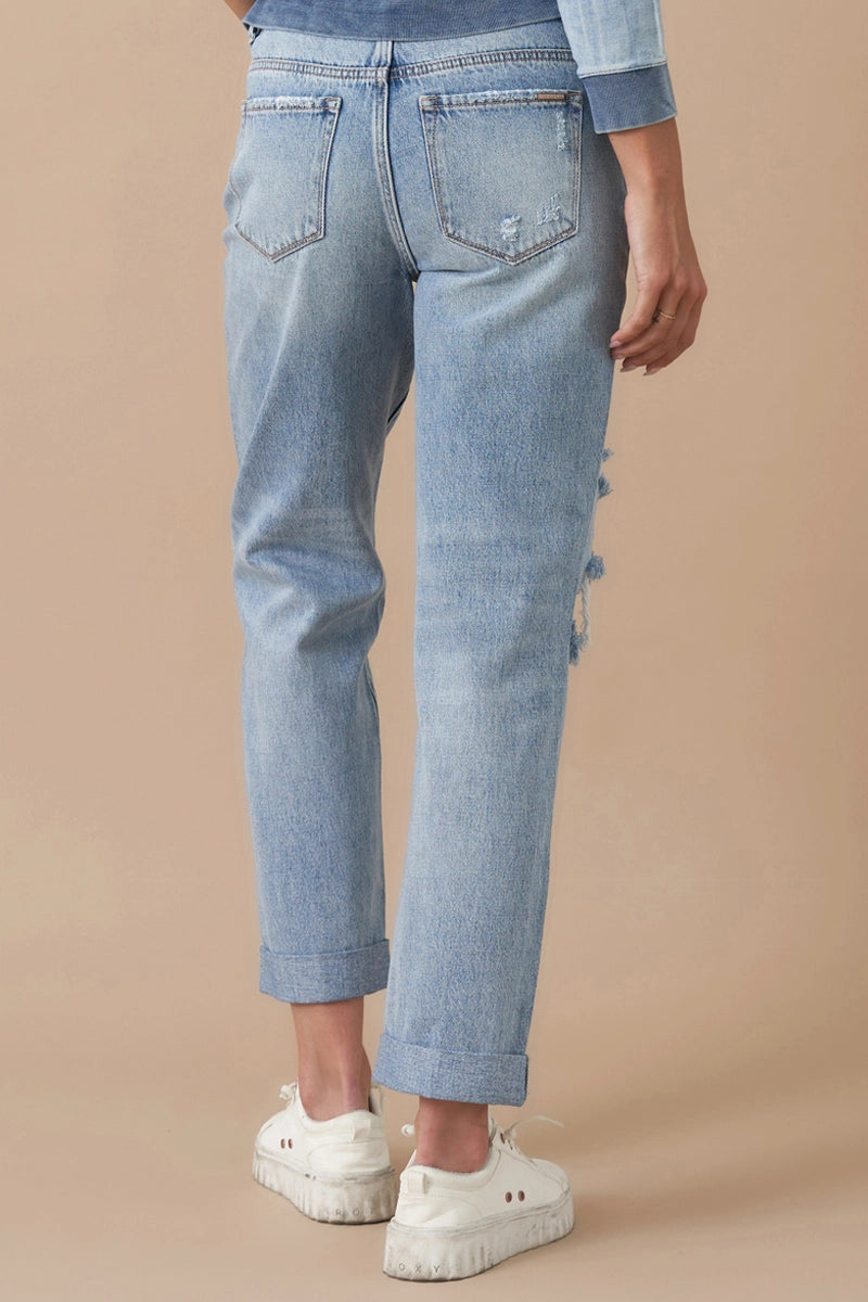 HARLIN Rolled Up Boyfriend Distressed Vintage Wash Jeans