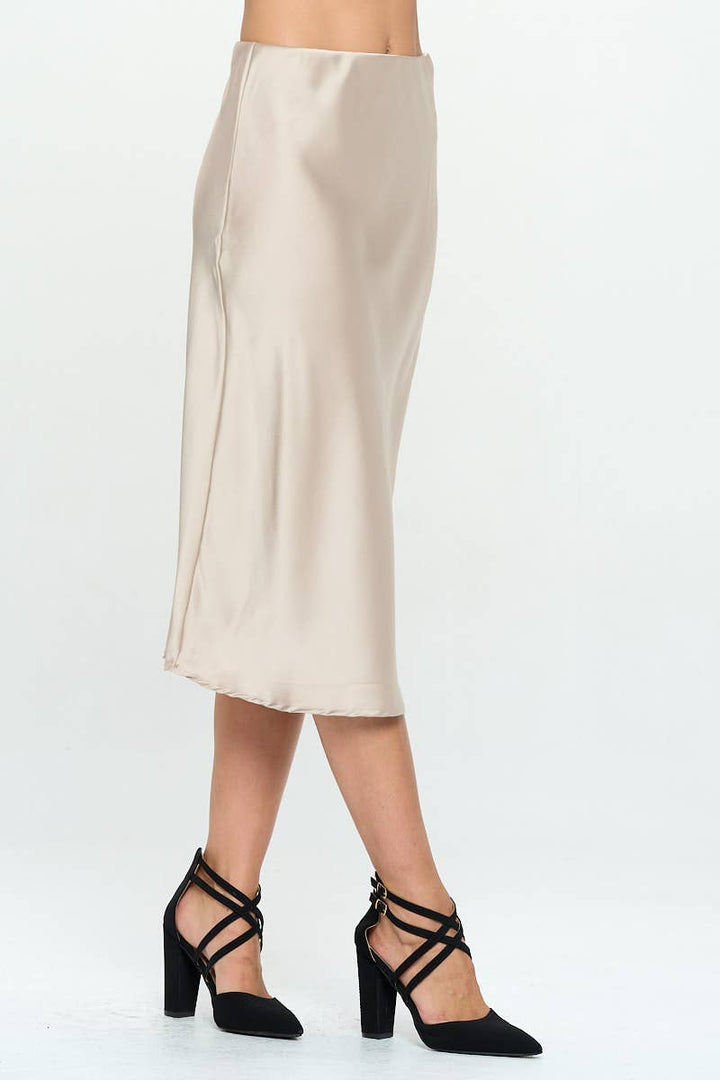 Mirna BeigeSolid Satin Midi Skirt