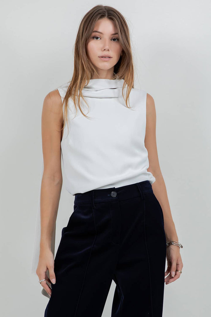 ELEGANCE SCARF ATTACHED SOFT WOVEN SLEEVELESS BLOUSE - STONE