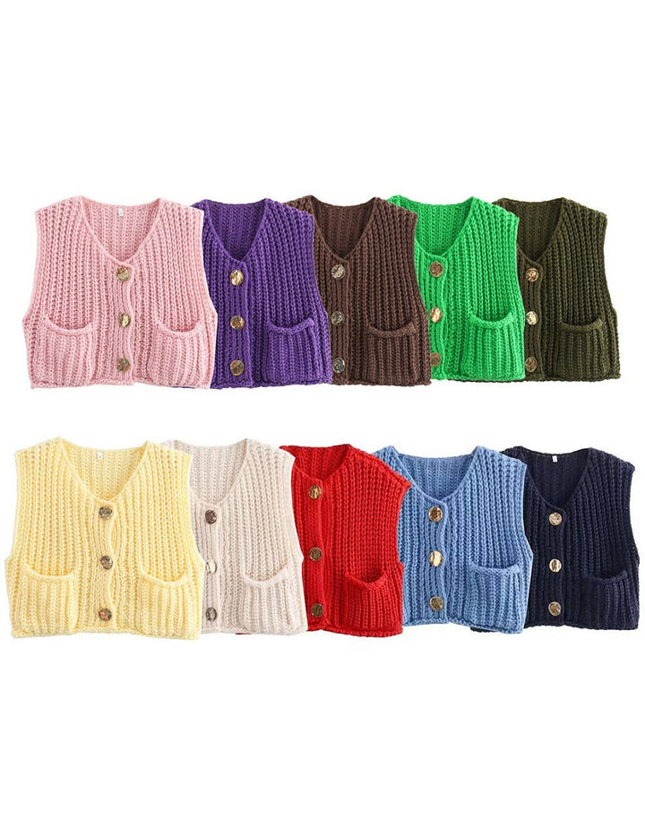 Maty Solid Color Crew Neck Crop Sweater Vest SKT621