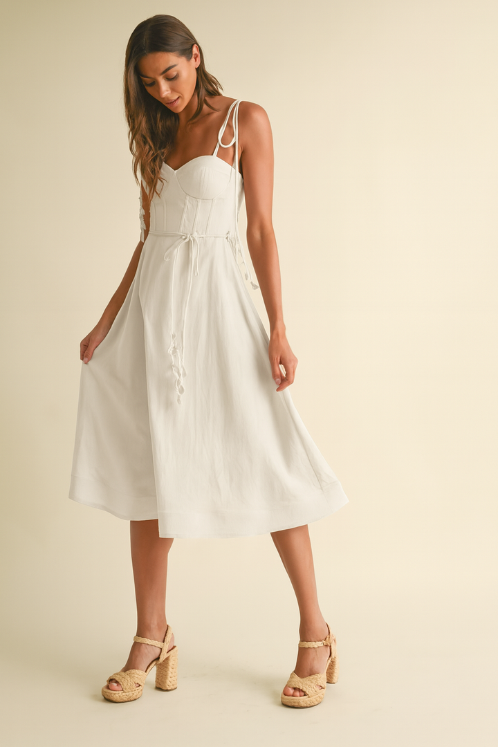 Yellow Linen Midi Dress with Corset Bodice