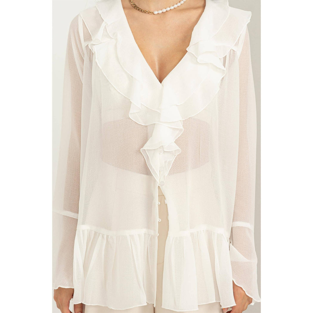 LUISA  WHITE RUFFLED BUTTON-FRONT SHEER TUNIC TOP
