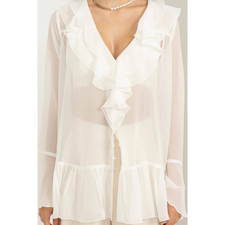 LUISA  WHITE RUFFLED BUTTON-FRONT SHEER TUNIC TOP