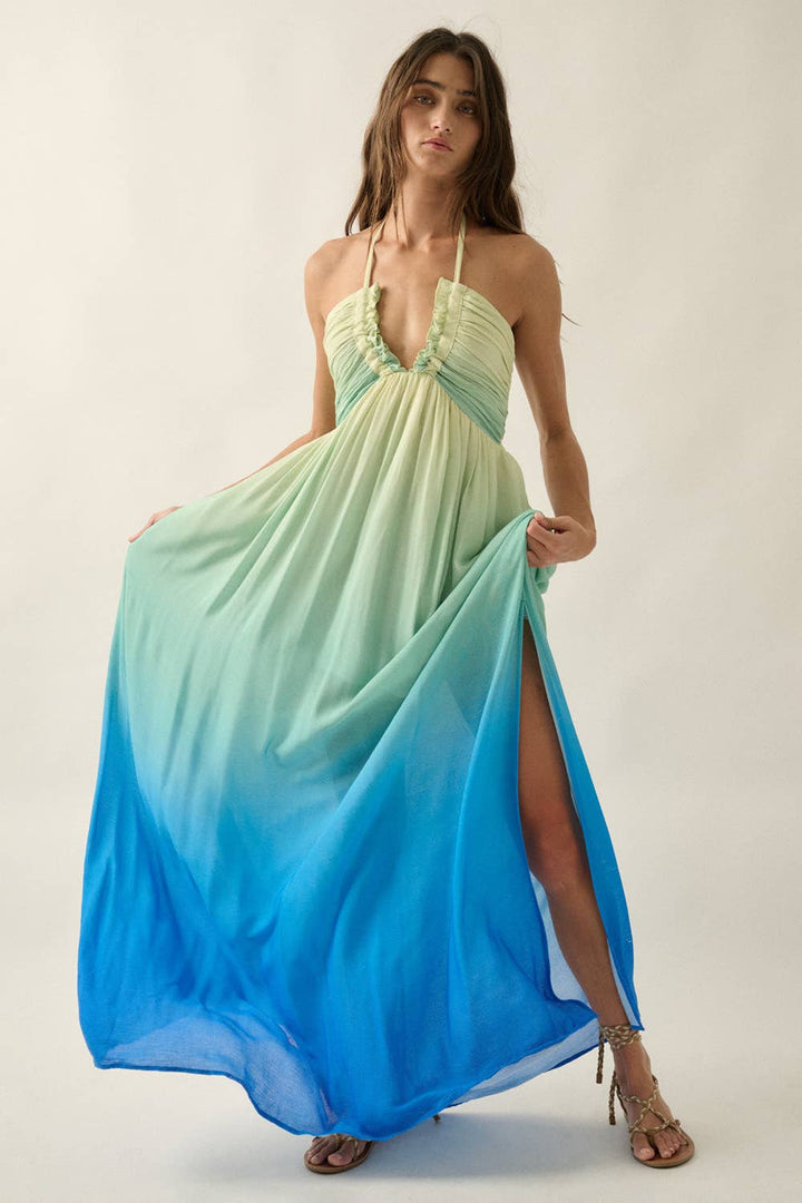 Fresh Ombre Crepe Tie-Back Halter Pocket Maxi Dress