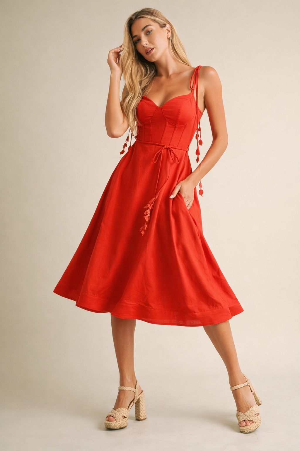 Yellow Linen Midi Dress with Corset Bodice