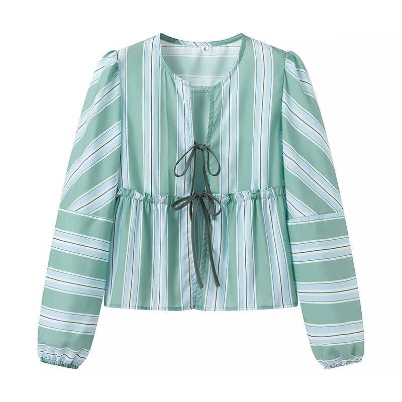 CINDY Long sleeve Tie front blouse in Mint Striped