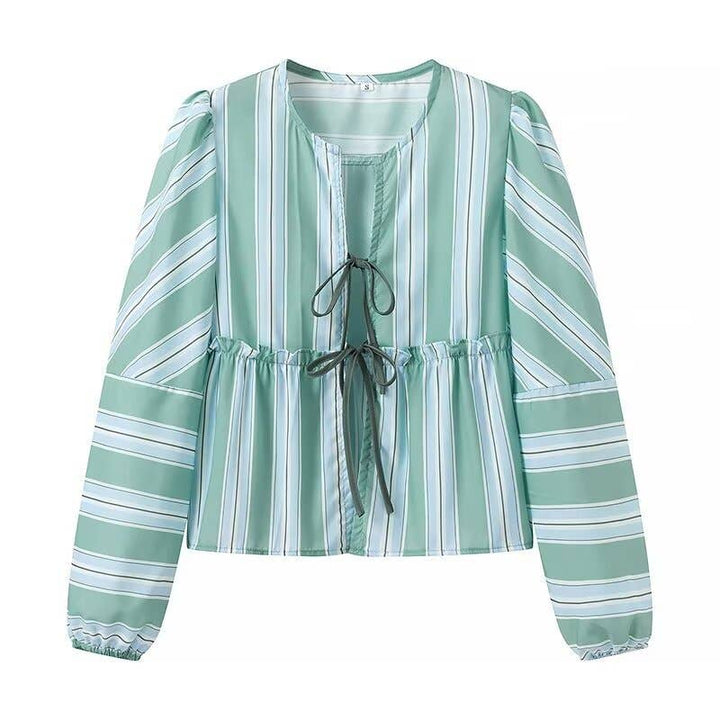 CINDY Long sleeve Tie front blouse in Mint Striped