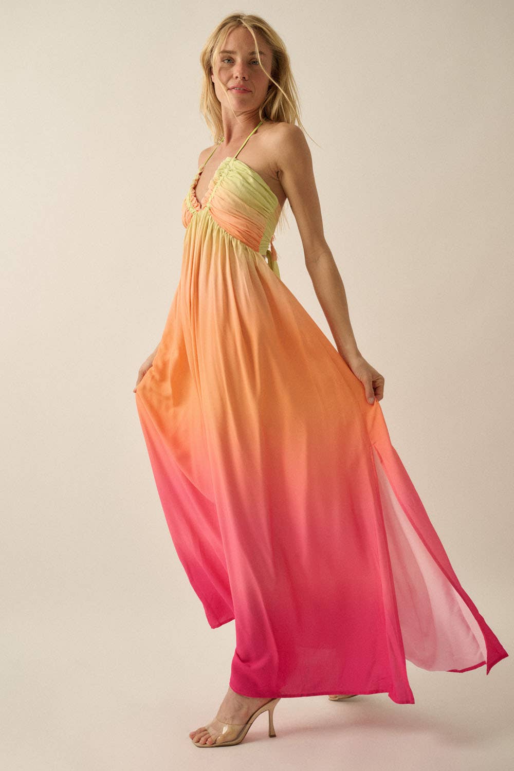 Fresh Ombre Crepe Tie-Back Halter Pocket Maxi Dress