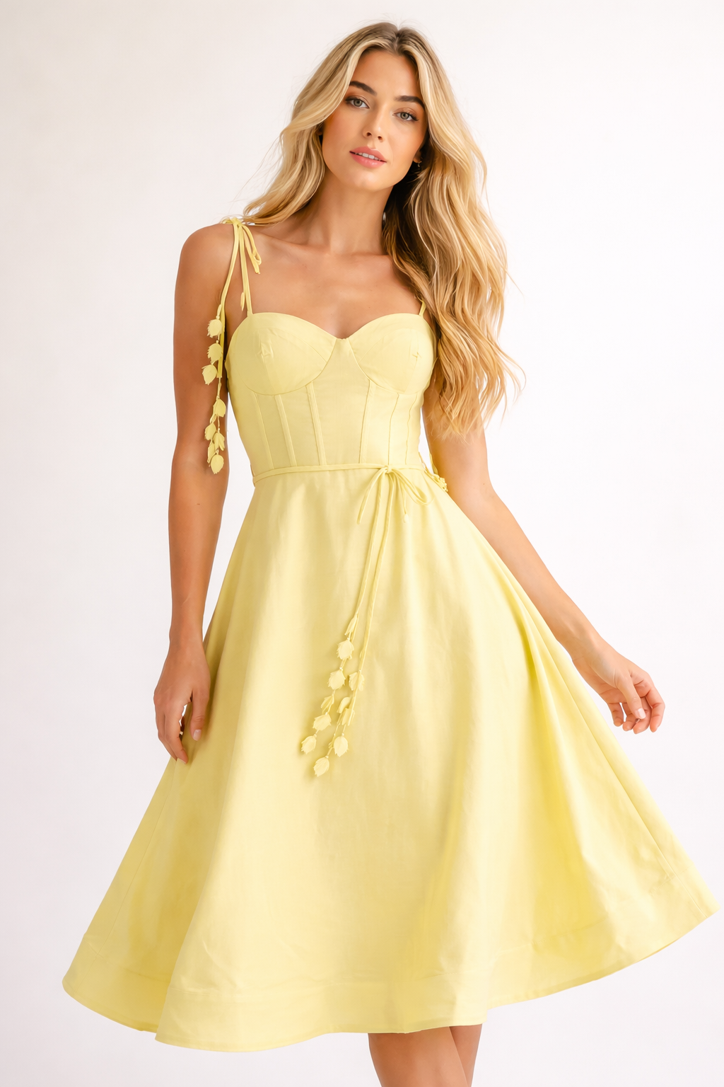 Yellow Linen Midi Dress with Corset Bodice
