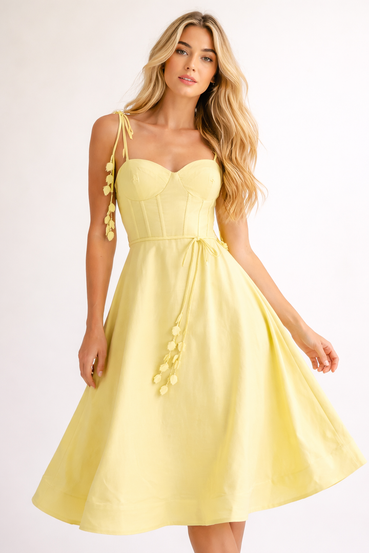 Yellow Linen Midi Dress with Corset Bodice