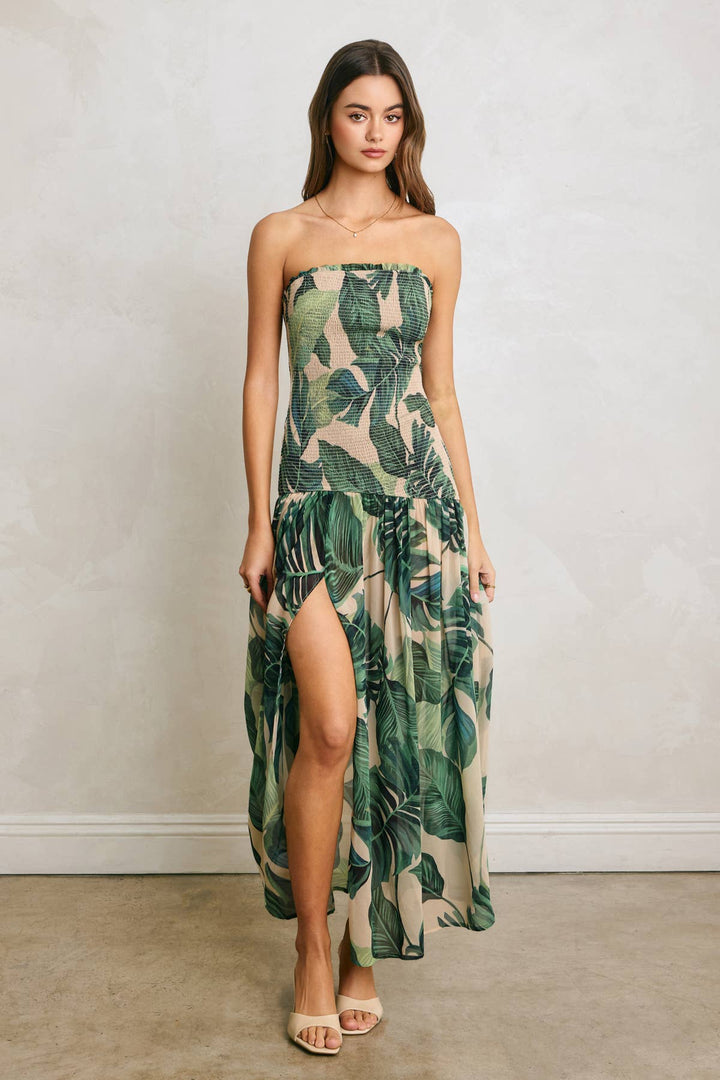 Tropical Palm Strapless Drop Waist Smocked Dress