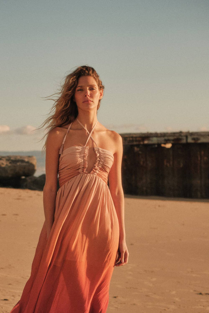 Fresh Ombre Crepe Tie-Back Halter Pocket Maxi Dress
