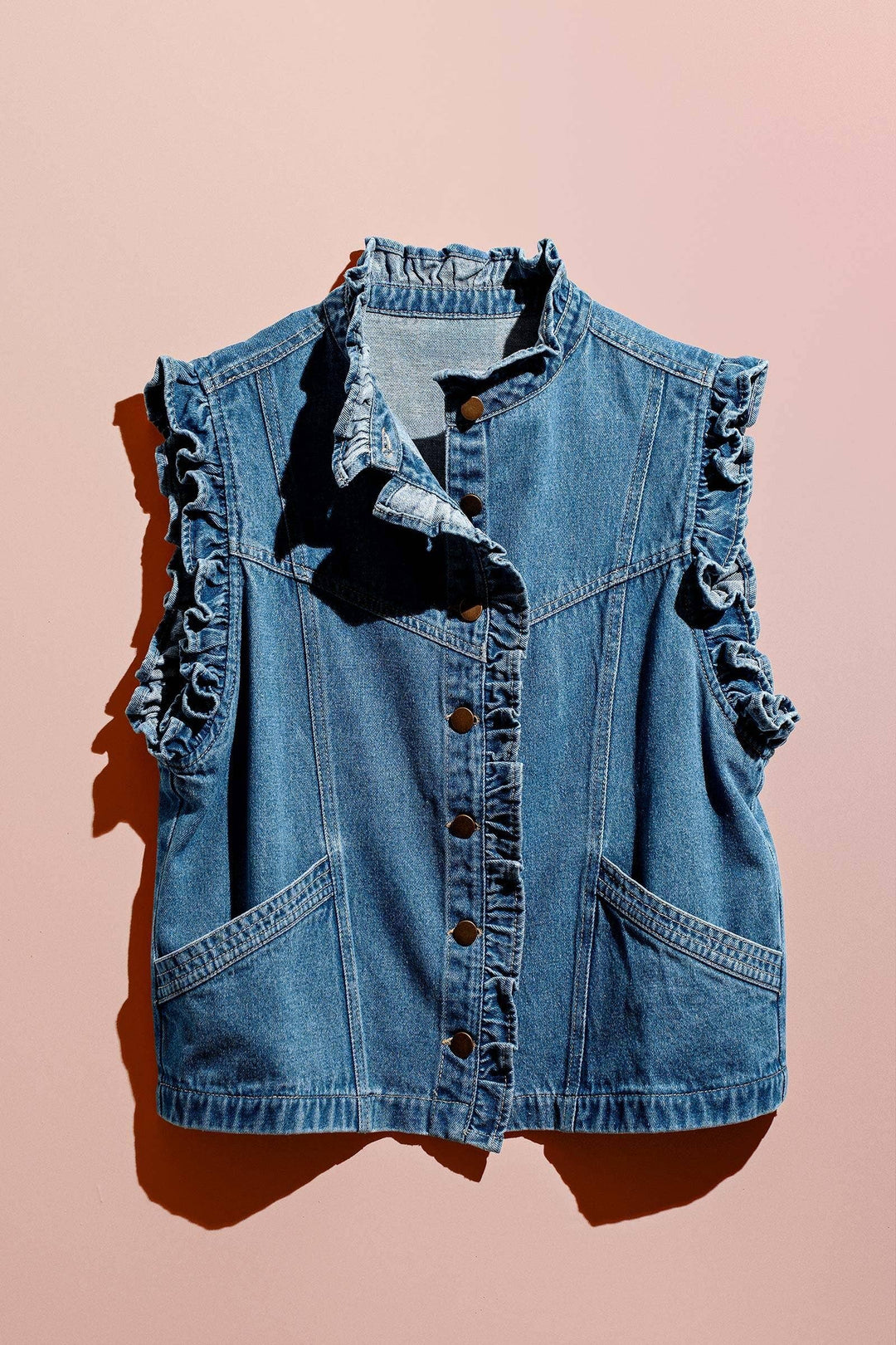 Victoria Ruffle Trim Denim Vest with High Collar