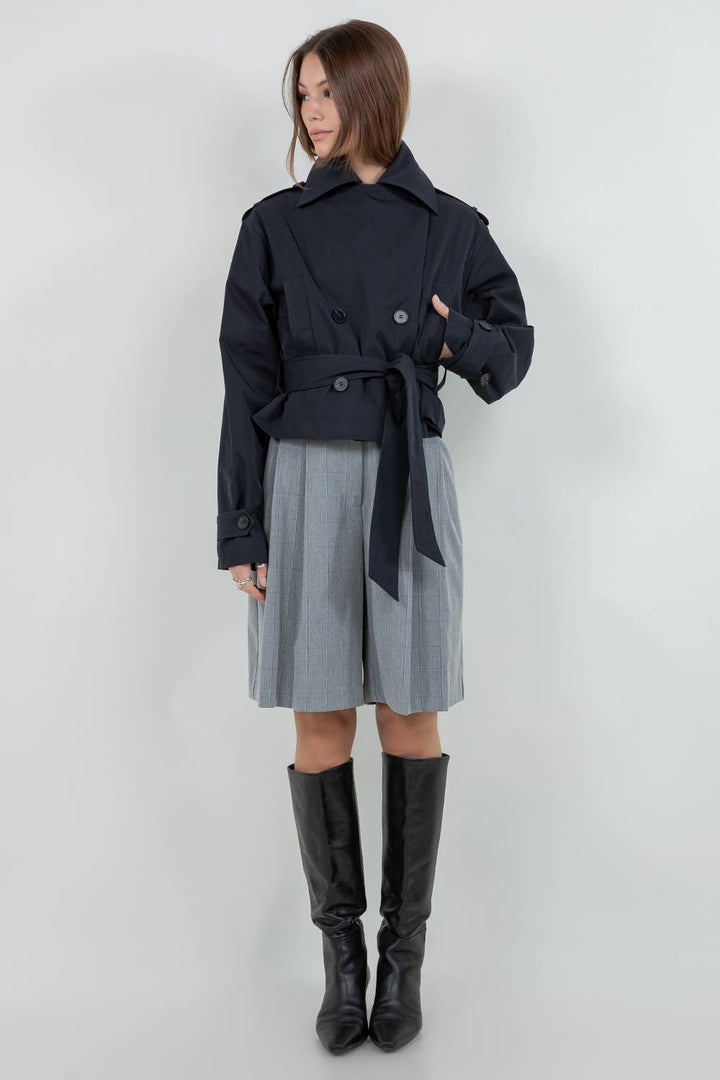 VALENTINA STRUCTURED WOVEN CROPPED TRENCH JACKET - DARK NAVY
