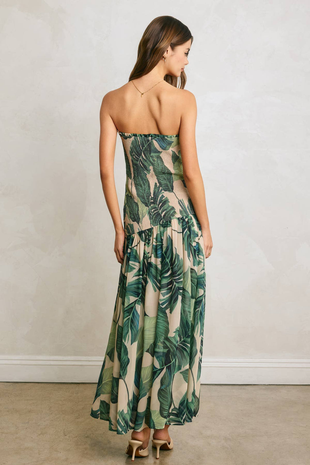 Tropical Palm Strapless Drop Waist Smocked Dress